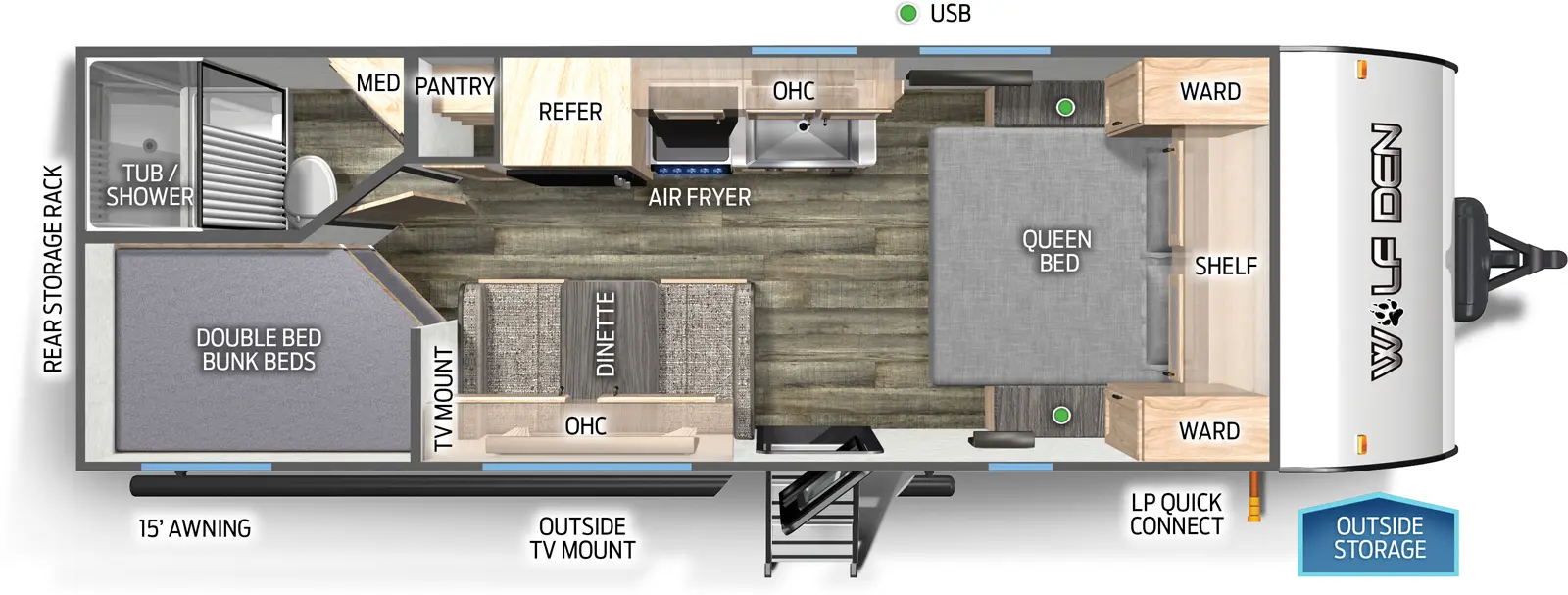 The 22MKSE has no slide outs and one entry door. Exterior features outside storage, LP quick connect, outside TV mount, 15 foot awning, and rear storage rack. Interior layout front to back: foot-facing queen bed, shelf above, and wardrobes on either side; off-door side kitchen countertop with sink, overhead cabinet, air fryer, refrigerator, and pantry; door side entry, dinette with overhead cabinet, and TV mount; rear door side double bed bunk beds; rear off-door side full bathroom with medicine cabinet.